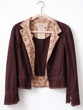 Anthro Style Burgundy Corduroy Jacket Floral Lined Button Front Cropped Boho S